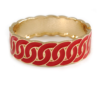 Red Enamel Interlocked Link Round Hinged Bangle Bracelet In Gold Tone - 19cm L