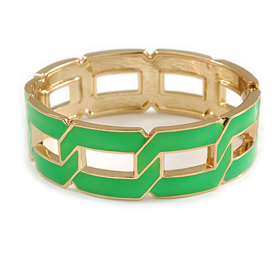 Neon Green Enamel Link Oval Hinged Bangle Bracelet In Gold Tone - 18cm Long