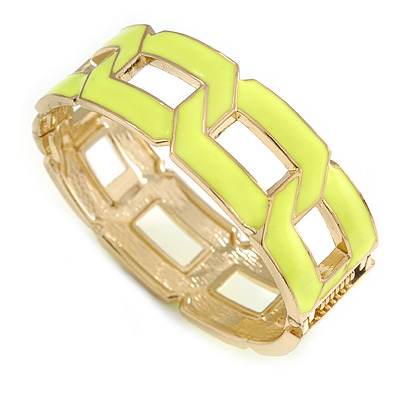 Neon Yellow Enamel Link Oval Hinged Bangle Bracelet In Gold Tone - 18cm Long