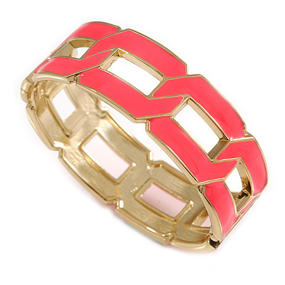 Neon Pink Enamel Link Oval Hinged Bangle Bracelet In Gold Tone - 18cm Long