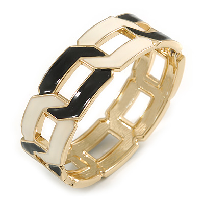 Black/ Cream Enamel Link Oval Hinged Bangle Bracelet In Gold Tone - 18cm Long