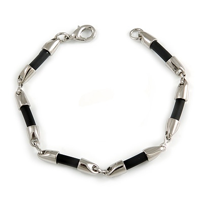 Silver Tone with Black Rubber Bar Element Fashion Bracelet - 19cm L