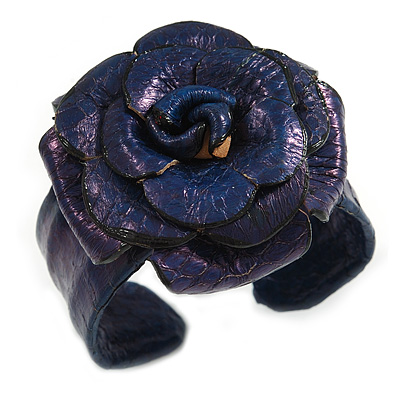 Statement Blue Purple Snake Print Leather Rose Flower Flex Cuff Bangle Bracelet - Adjustable
