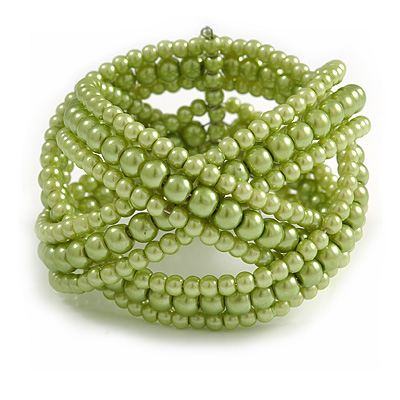 Wide Light Green Glass Bead Plaited Flex Cuff Bracelet - Adjustable