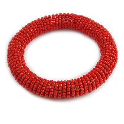 Red Glass Bead Roll Stretch Bracelet - Adjustable