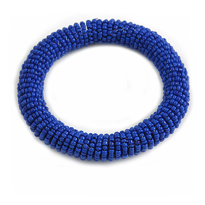 Blue Glass Bead Roll Stretch Bracelet - Adjustable
