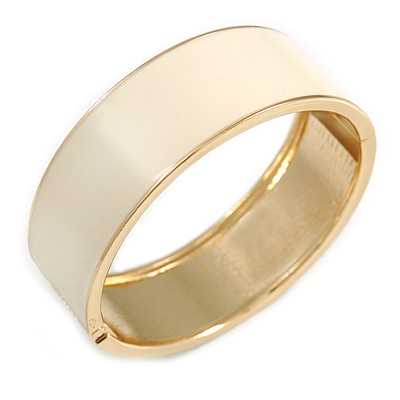 Round Off White Enamel Hinged Bangle Bracelet in Gold Tone Metal - 20cm Long/ 60mm Diameter