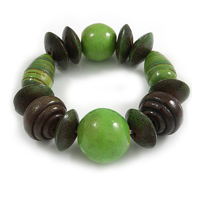 Statement Chunky Wood Bead Flex Bracelet in Lime Green/ Dark Green - Medium