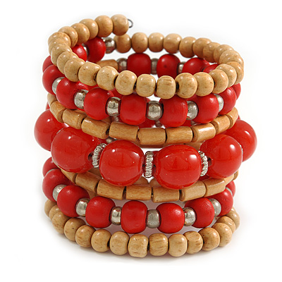 Wide Coiled Ceramic, Acrylic, Wood Bead Bracelet (Brick Red, Natural) - Adjustable