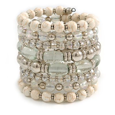 Wide Coiled Ceramic, Acrylic, Glass Bead Bracelet (White, Silver, Transparent) - Adjustable