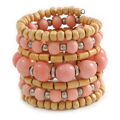Wide Coiled Ceramic, Acrylic, Wood Bead Bracelet (Pastel Pink, Natural) - Adjustable