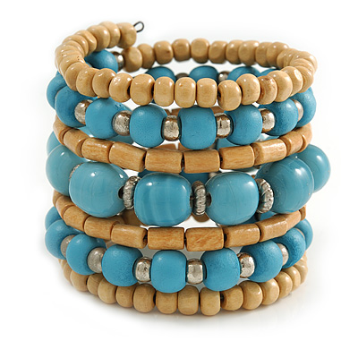 Wide Coiled Ceramic, Acrylic, Wood Bead Bracelet (Light Blue, Natural) - Adjustable
