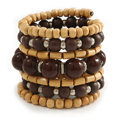 Wide Coiled Ceramic, Acrylic, Wood Bead Bracelet (Brown, Natural) - Adjustable