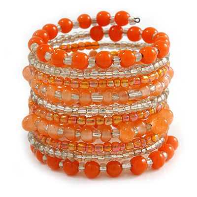 Wide Coiled Ceramic, Glass Bead Bracelet (Orange, Transparent) - Adjustable