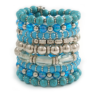 Wide Coiled Ceramic, Acrylic, Glass Bead Bracelet (Light Blue, Turquoise, Silver, Transparent) - Adjustable