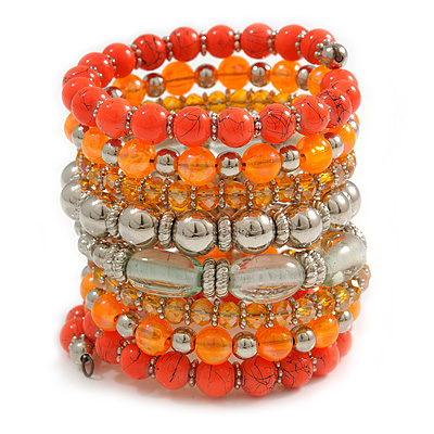 Wide Coiled Ceramic, Acrylic, Glass Bead Bracelet (Orange, Silver, Transparent) - Adjustable