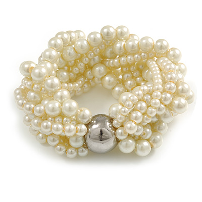 Wide Chunky Cream Glass Bead Multistrand Plaited Bracelet - Medium up to 18cm Long