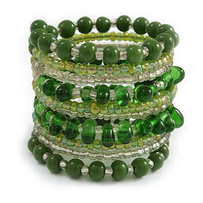 Wide Coiled Ceramic, Glass Bead Bracelet (Green, Transparent) - Adjustable - main view