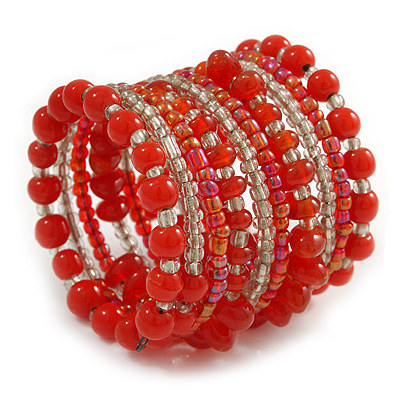 Wide Coiled Ceramic, Glass Bead Bracelet (Red, Carrot, Transparent) - Adjustable