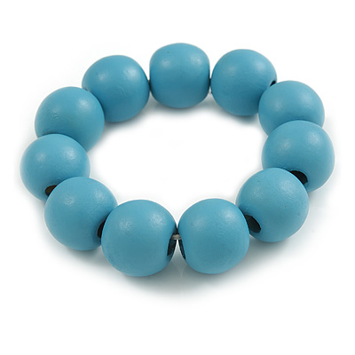 Pastel Blue Round Bead Wood Flex Bracelet - 19cm Long - main view
