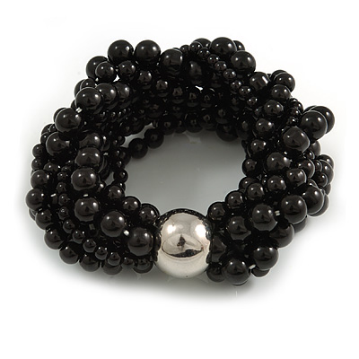 Wide Chunky Black Ceramic Bead Multistrand Plaited Bracelet - Medium up to 18cm Long