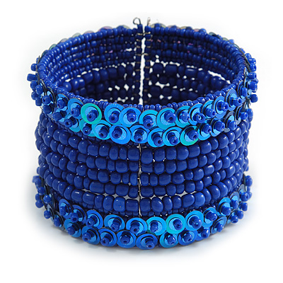 Bohemian Beaded Cuff Bangle with Sequin (Blue) - Adjustable