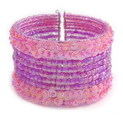 Bohemian Beaded Cuff Bangle with Sequin (Pink/ Lavender) - Adjustable