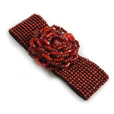 Statement Beaded Flower Stretch Bracelet In Ox Blood/ Red Colour - 18cm L - Adjustable