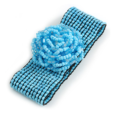 Statement Beaded Flower Stretch Bracelet In Light Blue - 18cm L - Adjustable - main view