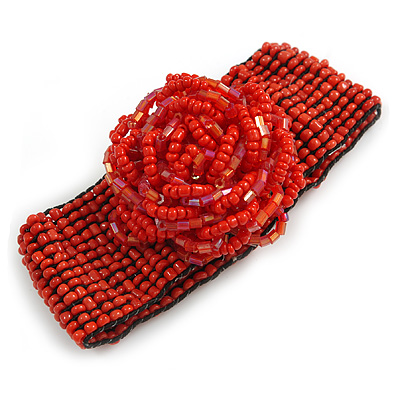 Statement Beaded Flower Stretch Bracelet In Red - 18cm L - Adjustable