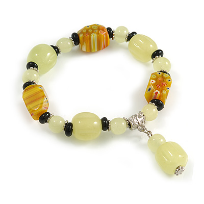 Lemon Yellow/ Black Glass and Ceramic Bead Charm Flex Bracelet - 19cm Long - main view