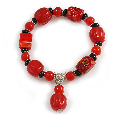 Red/ Black Glass and Ceramic Bead Charm Flex Bracelet - 19cm Long