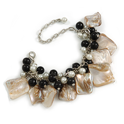 Antique White/ Black Simulated Pearl Bead & Shell Component Charm Bracelet (Silver Tone) - 15cm Long/ 7cm Ext