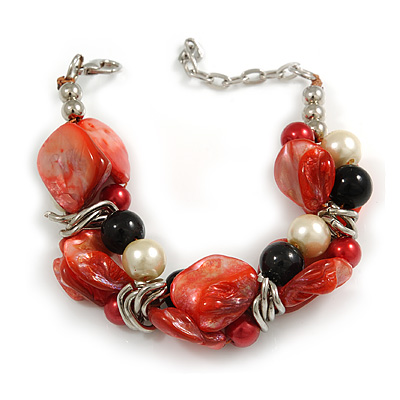 Faux Pearl & Shell - Composite Silver Tone Link Bracelet ( Red, Black, Cream) - 16cm L/ 3cm Ext - For Small Wrist Only - main view