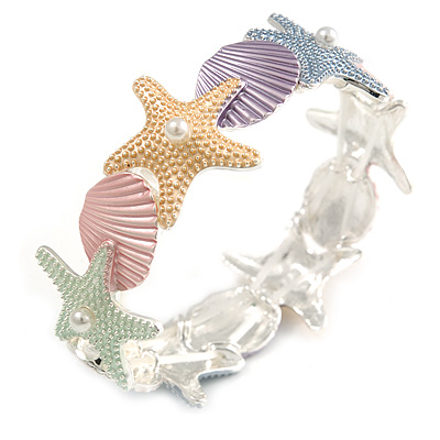 Pastel Multi Enamel Textured Starfish and Shell Flex Bracelet In Silver Tone - 20cm Long
