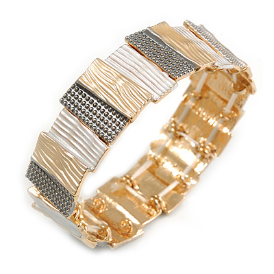 Grey/ Gold/ Metallic Silver Enamel Geometric Hammered Flex Bracelet In Gold Tone - 20cm Long