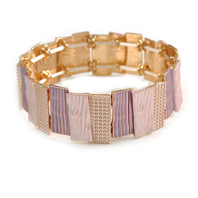Pastel Pink/ Purple Enamel Geometric Hammered Flex Bracelet In Gold Tone - 20cm Long