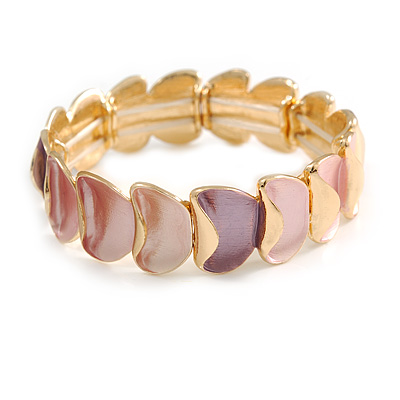 Pink/ Purple Enamel Curly Oval Cluster Textured Flex Bracelet In Gold Tone - 20cm Long