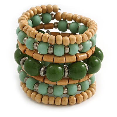 Wide Coiled Ceramic, Acrylic, Wood Bead Bracelet (Mint/ Green/ Natural) - Adjustable