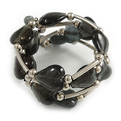 Multistrand Black Glass Heart Bead Coiled Flex Bracelet In Silver Tone - Adjustable