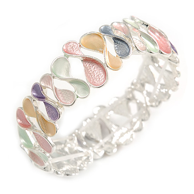 Pastel Multi Enamel Infinity Cluster Textured Flex Bracelet In Silver Tone - 20cm Long