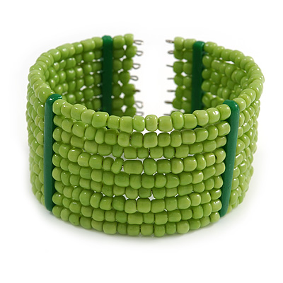 Lime Green Glass Bead Flex Cuff Bracelet - Medium - main view