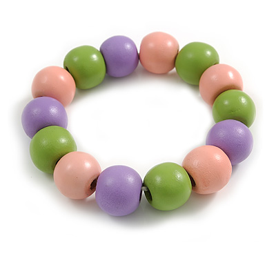 Chunky Wooden Bead  Flex Bracelet Pink/Lilac/Lime Green - M/ L