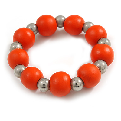Orange Painted Wood and Silver Acrylic Bead Flex Bracelet - Medium