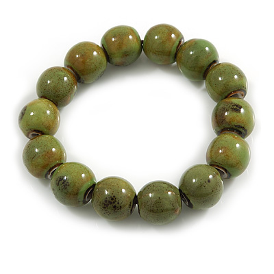 15mm Military Green Round Ceramic Bead Flex Bracelet - Size M