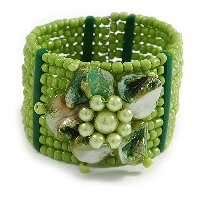 Lime Green Glass Bead Flex Cuff Bracelet with Shell Flower - M/ L - main view