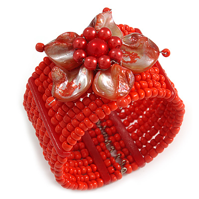 Brick Red Glass Bead Flex Cuff Bracelet with Shell Flower - M/ L - main view