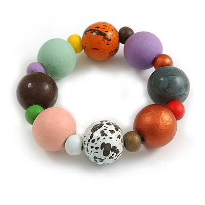 Chunky Wood Bead with Animal Print Flex Bracelet in Multicoloured/ Size M