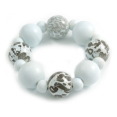 Chunky Wood Bead with Animal Print Flex Bracelet in White/ Size M