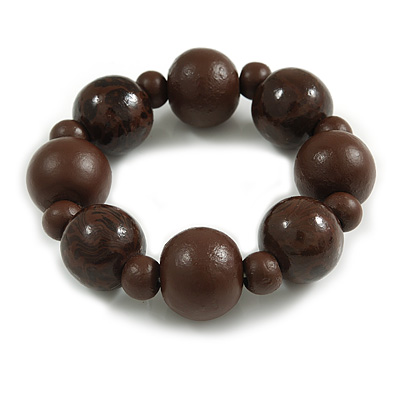 Chunky Wood Bead with Animal Print Flex Bracelet in Dark Brown/ Size M - main view
